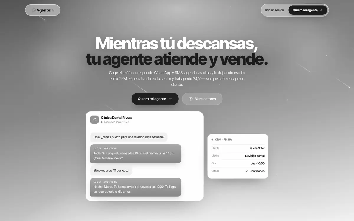 Portada de agenteia.com: «Mientras tú descansas, tu agente atiende y vende»