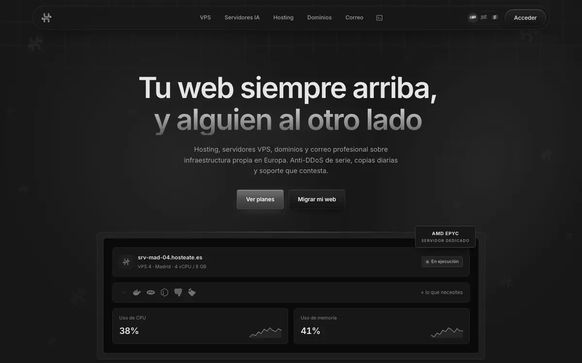 Portada de hosteate.es: «Tu web siempre arriba, y alguien al otro lado»