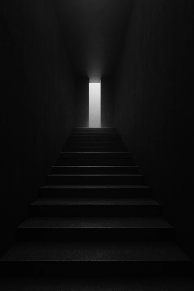Escalera de hormigón negro que sube hacia una abertura de luz